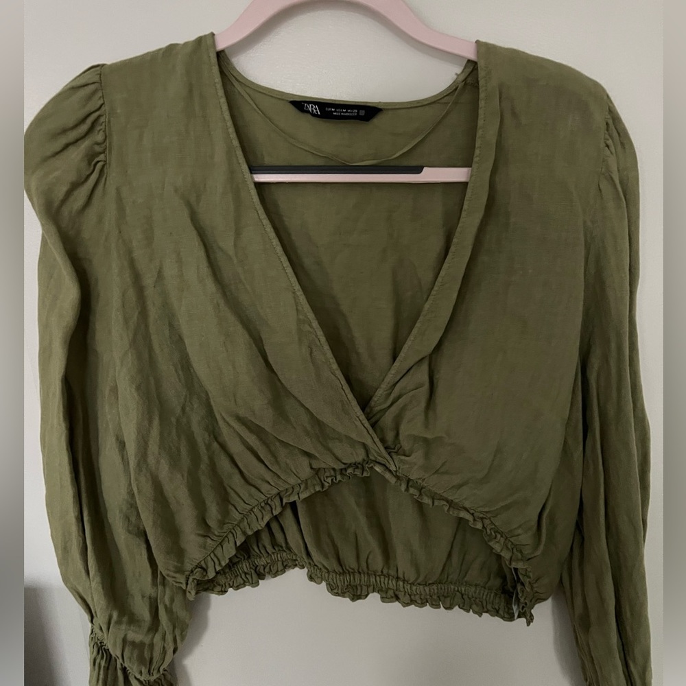 ZARA Green Linen Wrap Effect Crop - size M